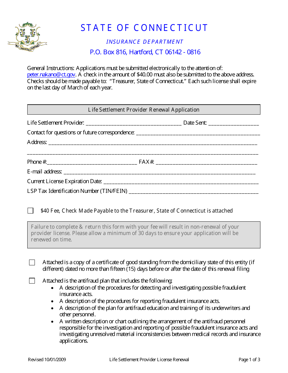 Life Settlement Provider Renewal Application Form - Connecticut, Page 1