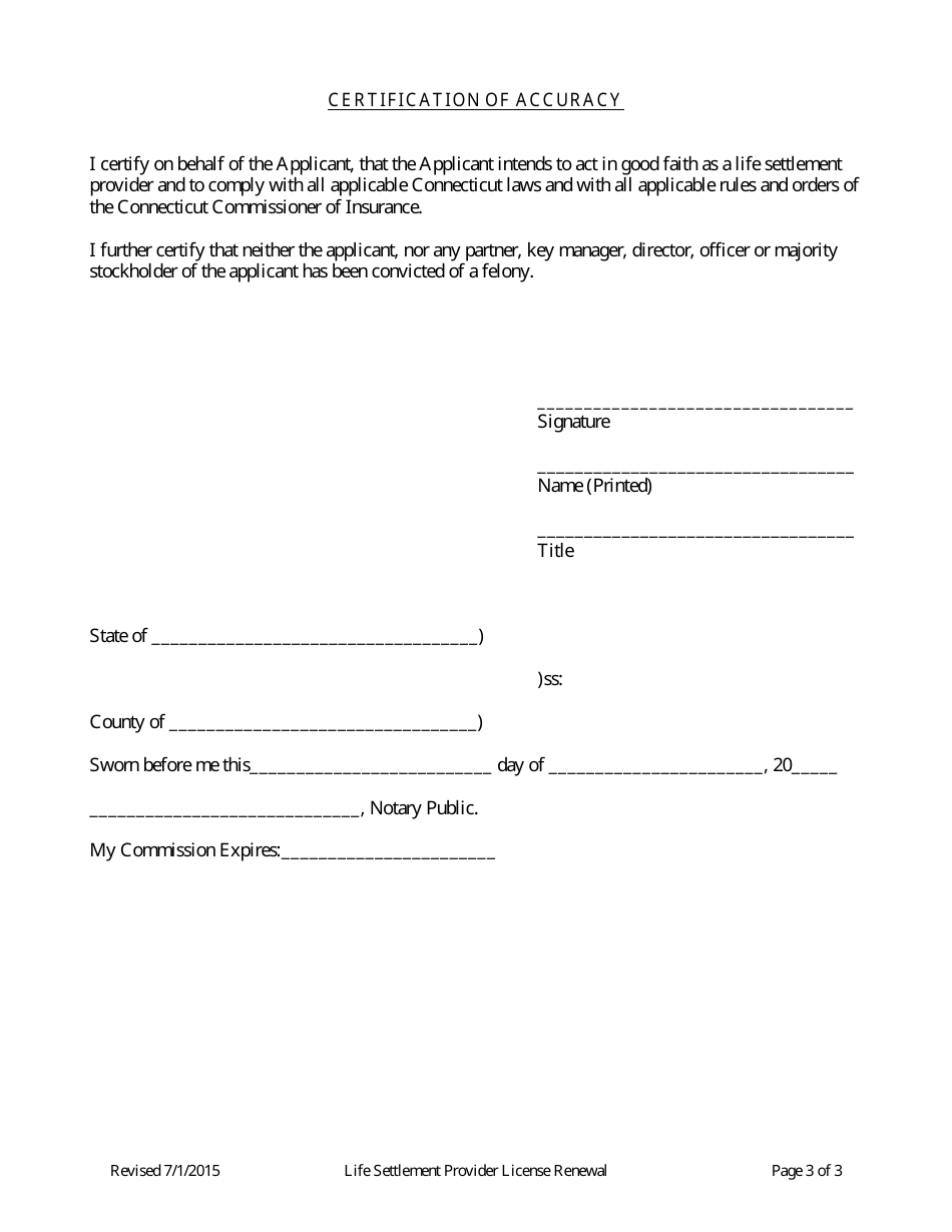 Life Settlement Provider Renewal Application Form - Connecticut, Page 3