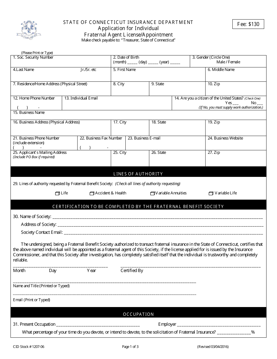 Application for Individual Fraternal Agent License / Appointment - Connecticut, Page 1