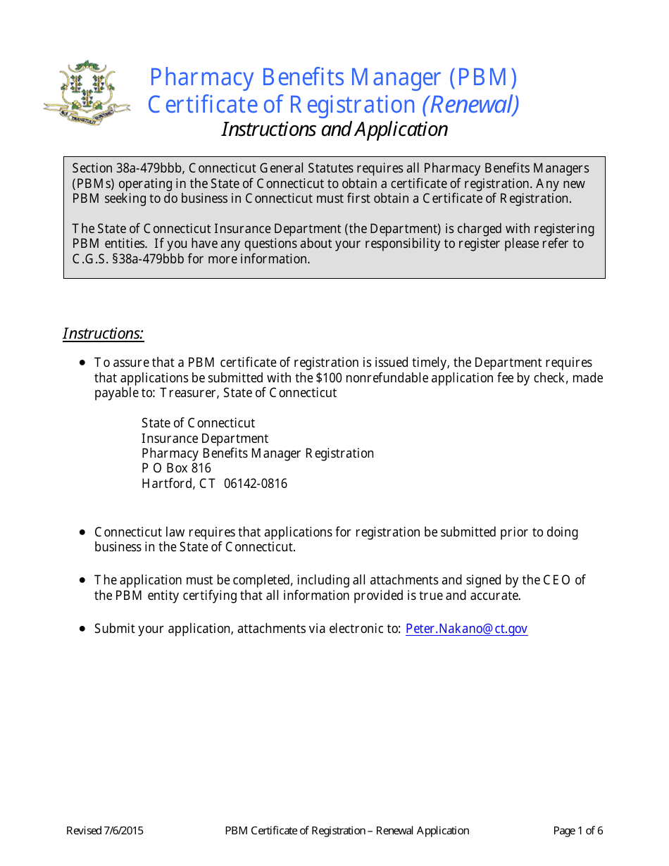 Pharmacy Benefits Manager (Pbm) Renewal Application for a Certificate of Registration - Connecticut, Page 1