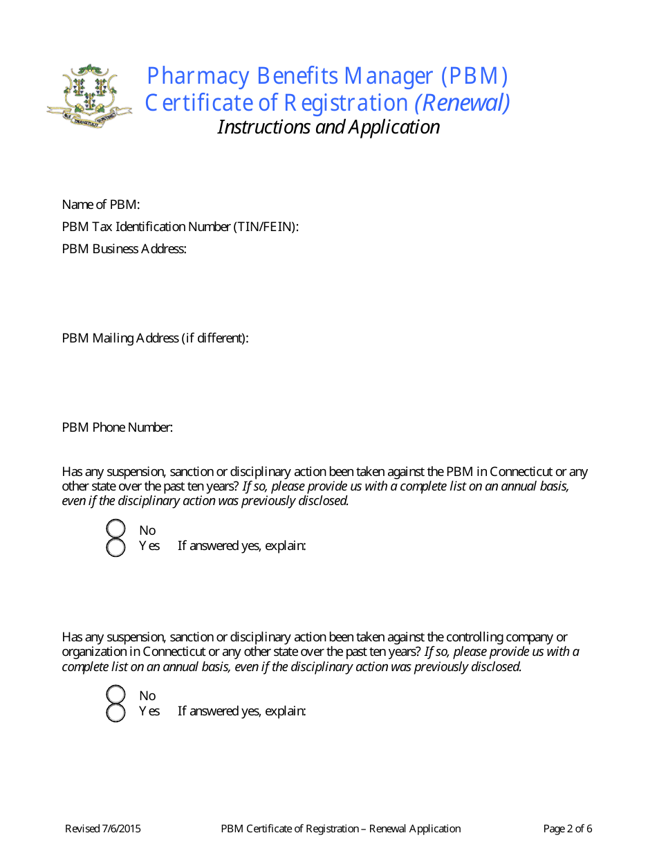 Pharmacy Benefits Manager (Pbm) Renewal Application for a Certificate of Registration - Connecticut, Page 2