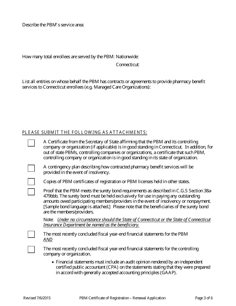 Pharmacy Benefits Manager (Pbm) Renewal Application for a Certificate of Registration - Connecticut, Page 3
