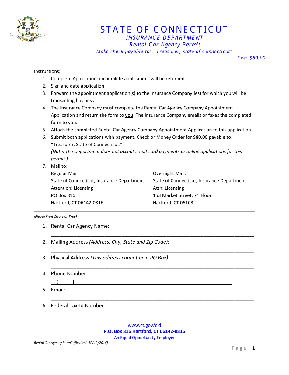 Rental Car Agency Permit Application Form - Connecticut, Page 1