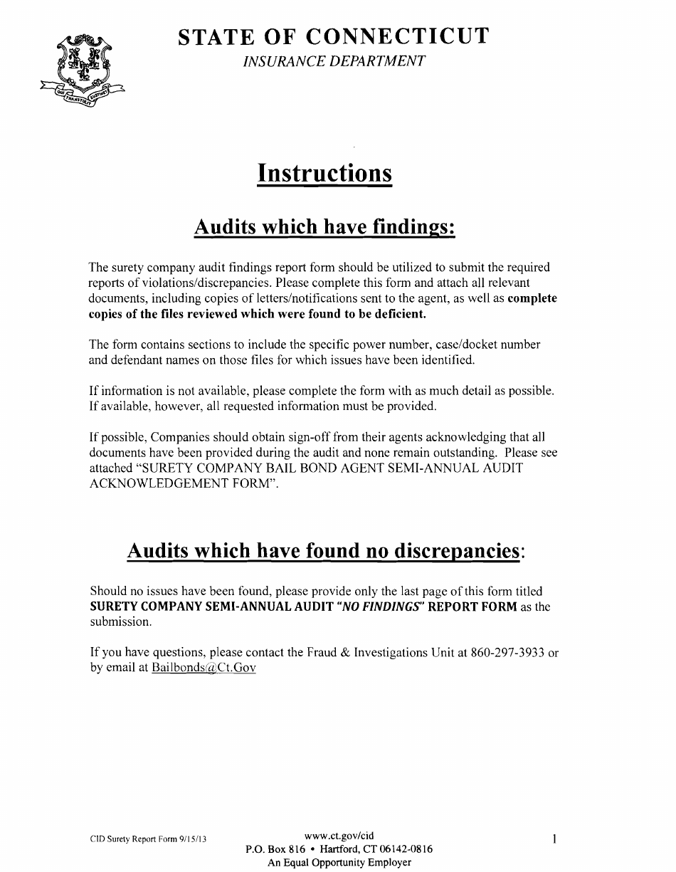 Bail Bond Surety Company Audit Findings Report Form - Connecticut, Page 1