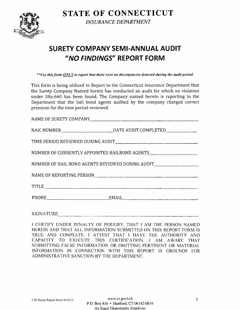 Bail Bond Surety Company Audit Findings Report Form - Connecticut, Page 7