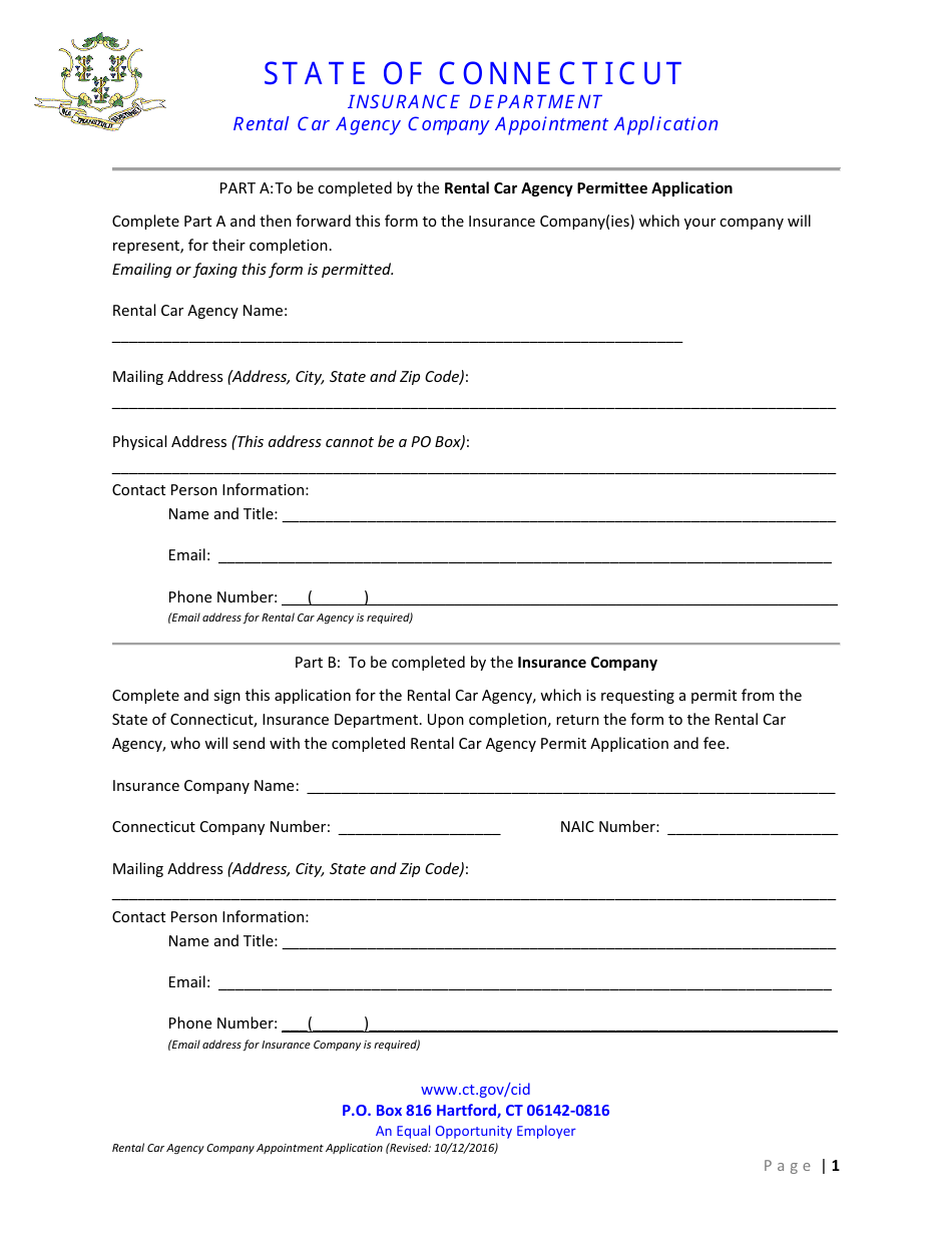 Rental Car Agency Company Appointment Application Form - Connecticut, Page 1
