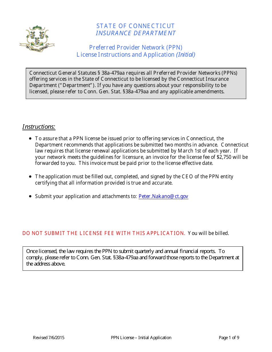 Preferred Provider Network (Ppn) License Application Form - Connecticut, Page 1