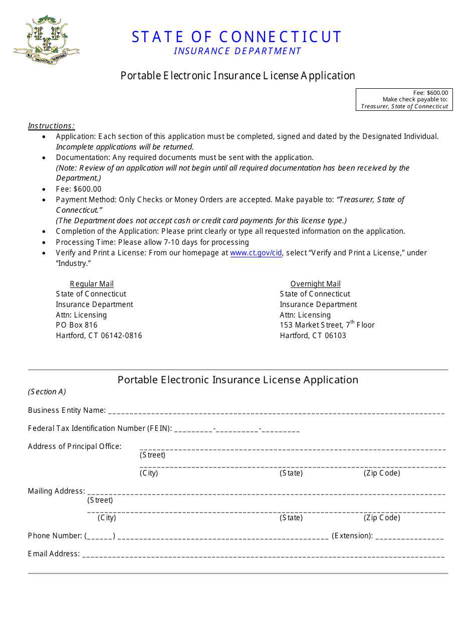 Portable Electronic Insurance License Application Form - Connecticut, Page 1