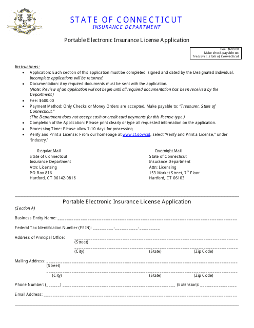 Portable Electronic Insurance License Application Form - Connecticut Download Pdf