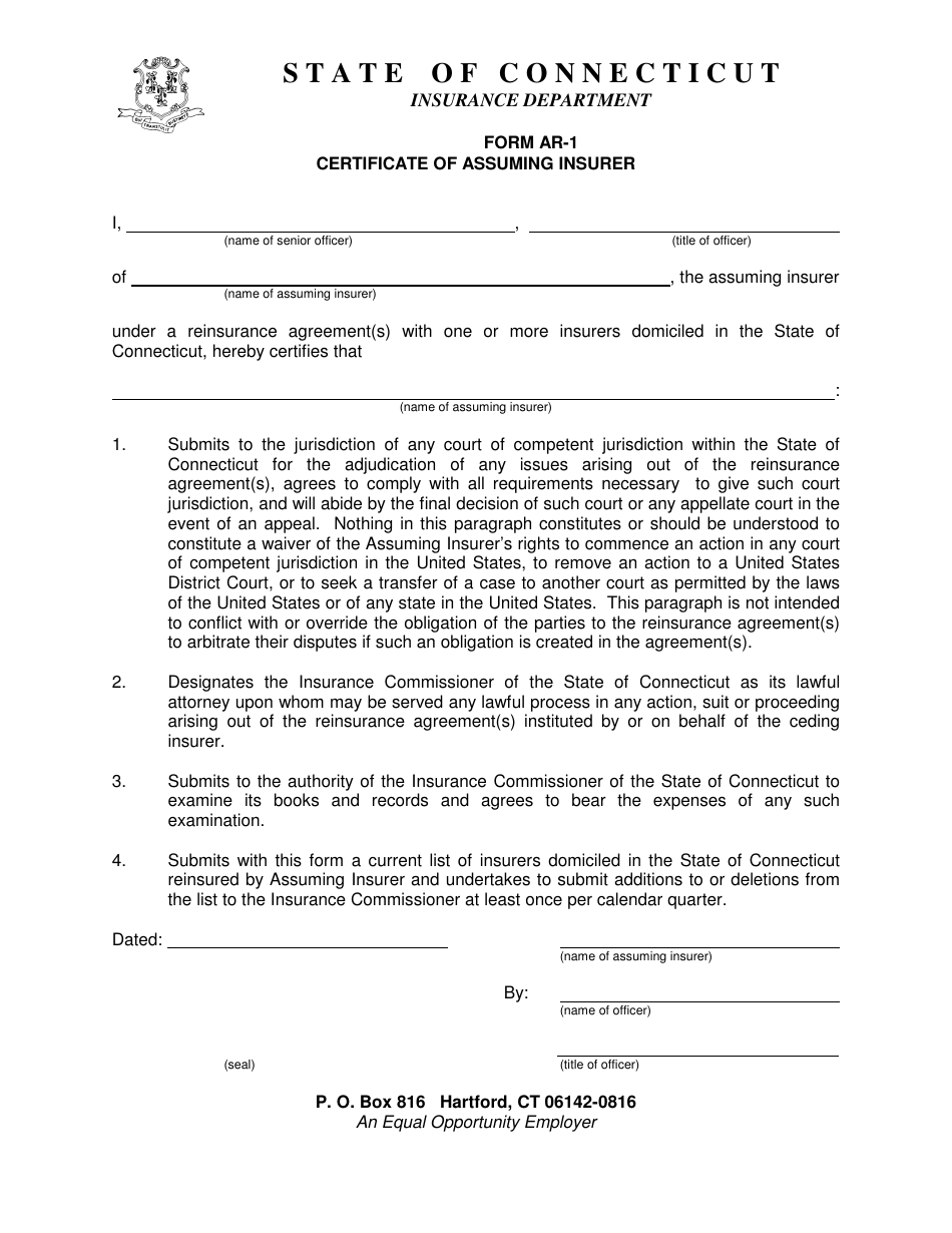 Form AR-1 Certificate of Assuming Insurer - Connecticut, Page 1