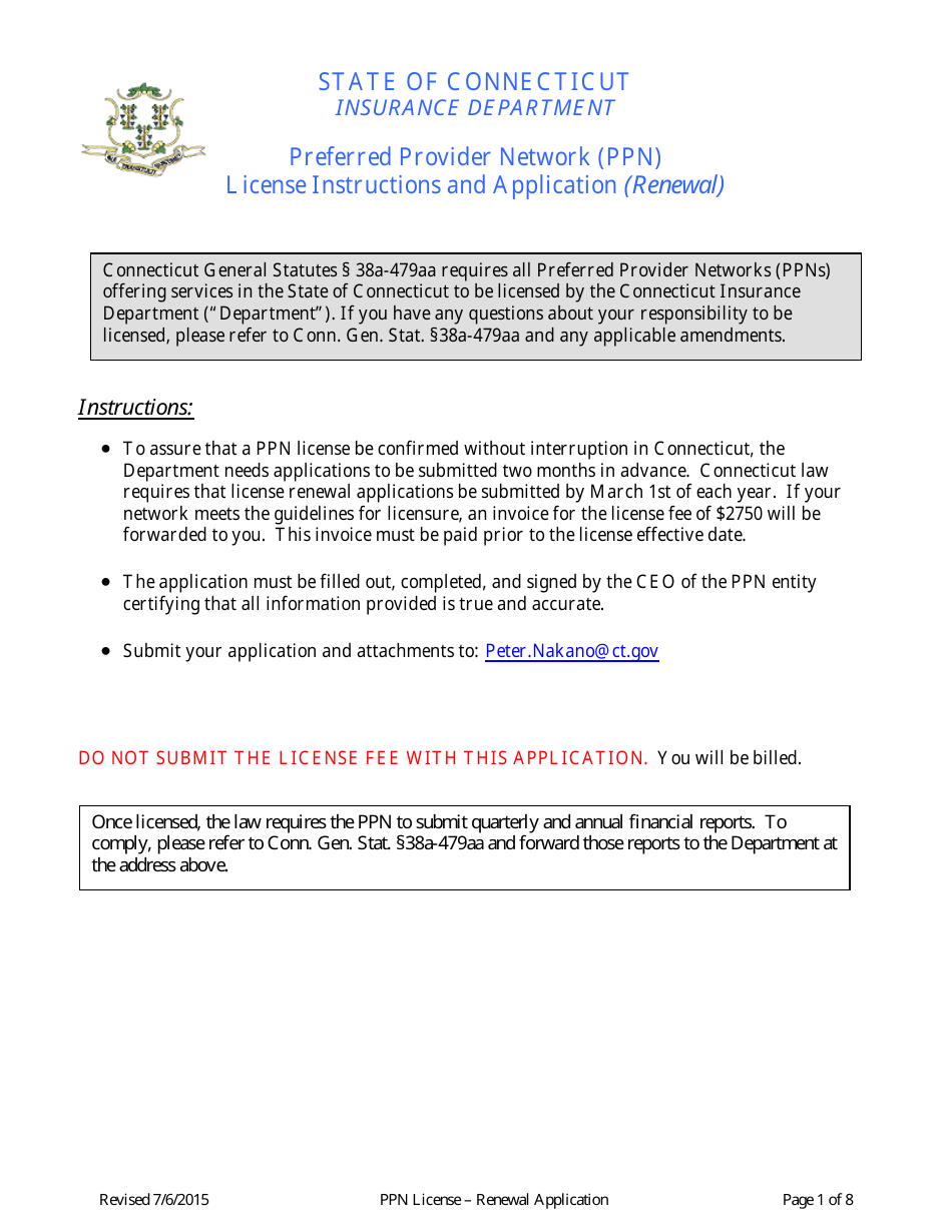 Preferred Provider Network (Ppn) License Renewal Application Form (Renewal) - Connecticut, Page 1