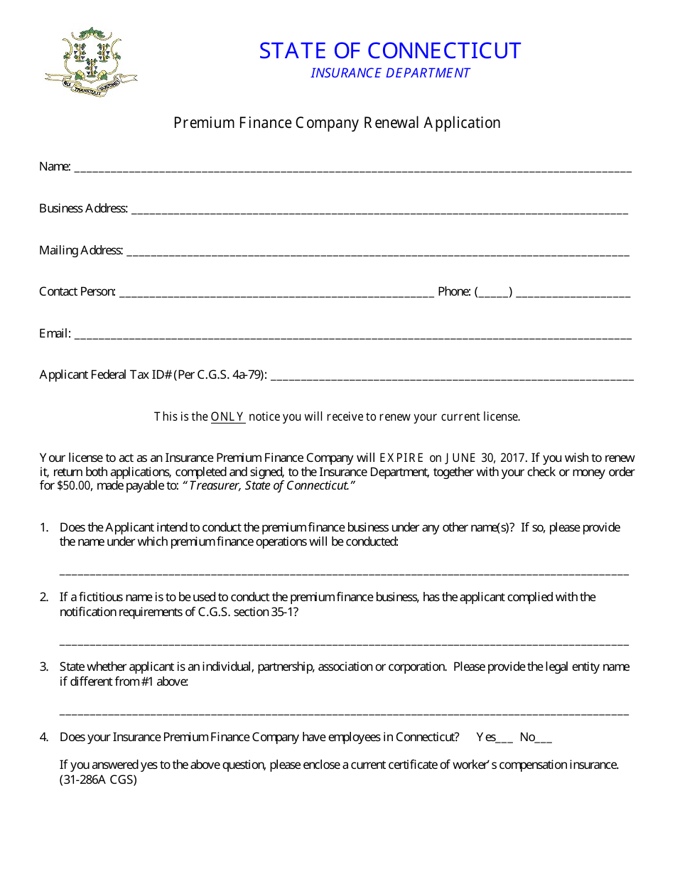 Premium Finance Company Renewal Application Form - Connecticut, Page 1