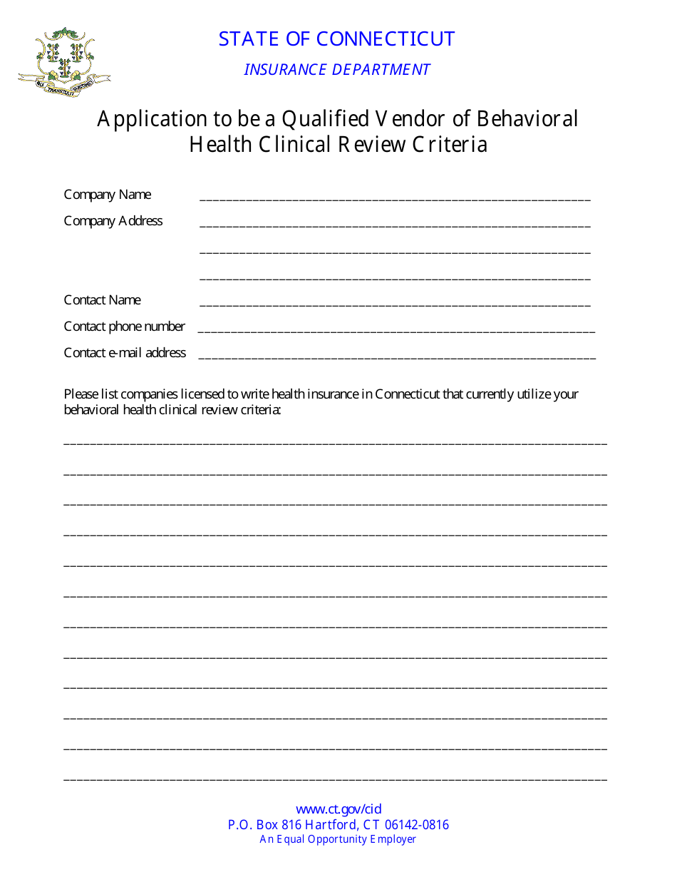 Application to Be a Qualified Vendor of Behavioral Health Clinical Review Criteria - Connecticut, Page 1
