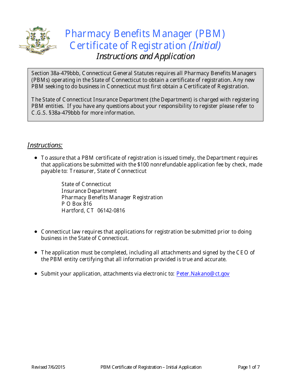 Pharmacy Benefits Manager Certificate of Registration - Initial Application Form - Connecticut, Page 1