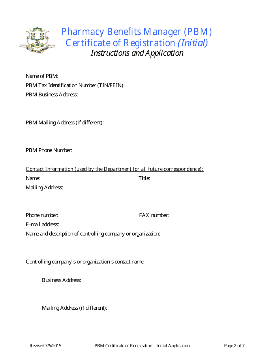 Pharmacy Benefits Manager Certificate of Registration - Initial Application Form - Connecticut, Page 2