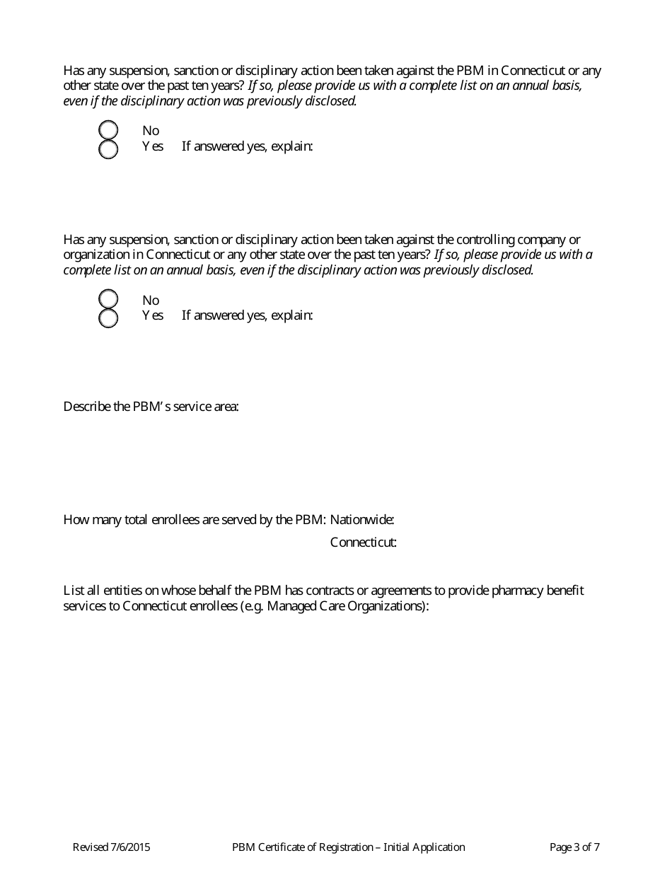 Pharmacy Benefits Manager Certificate of Registration - Initial Application Form - Connecticut, Page 3