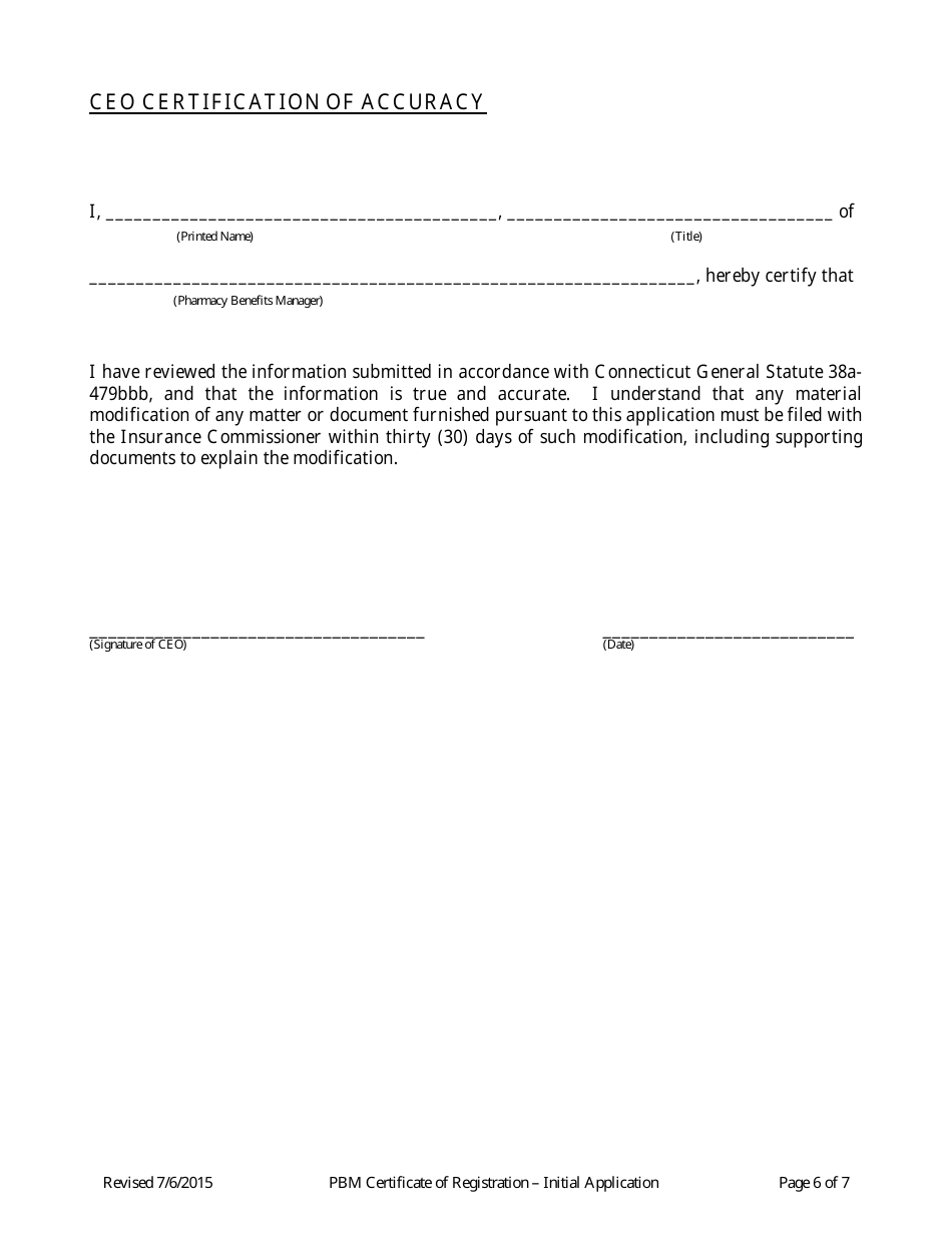 Pharmacy Benefits Manager Certificate of Registration - Initial Application Form - Connecticut, Page 6