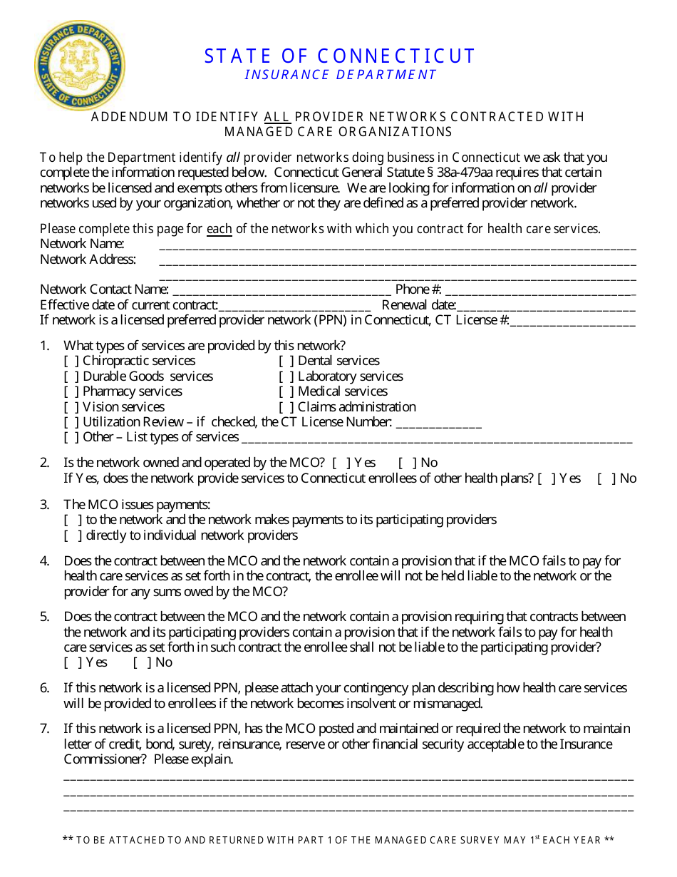 Consumer Report Card Addendum Form (All Networks) - Connecticut, Page 1
