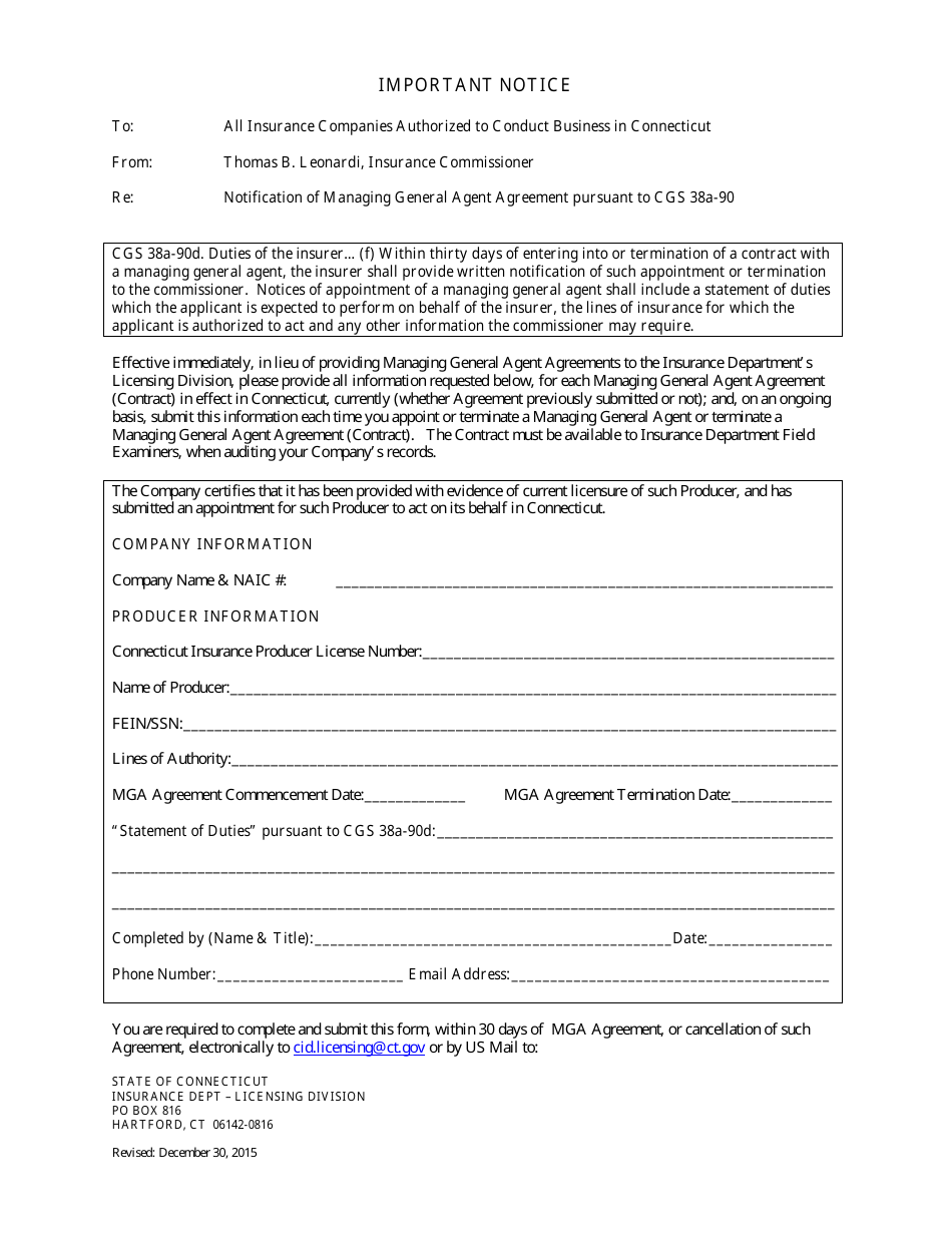 General Agent Agreement Form - Connecticut, Page 1