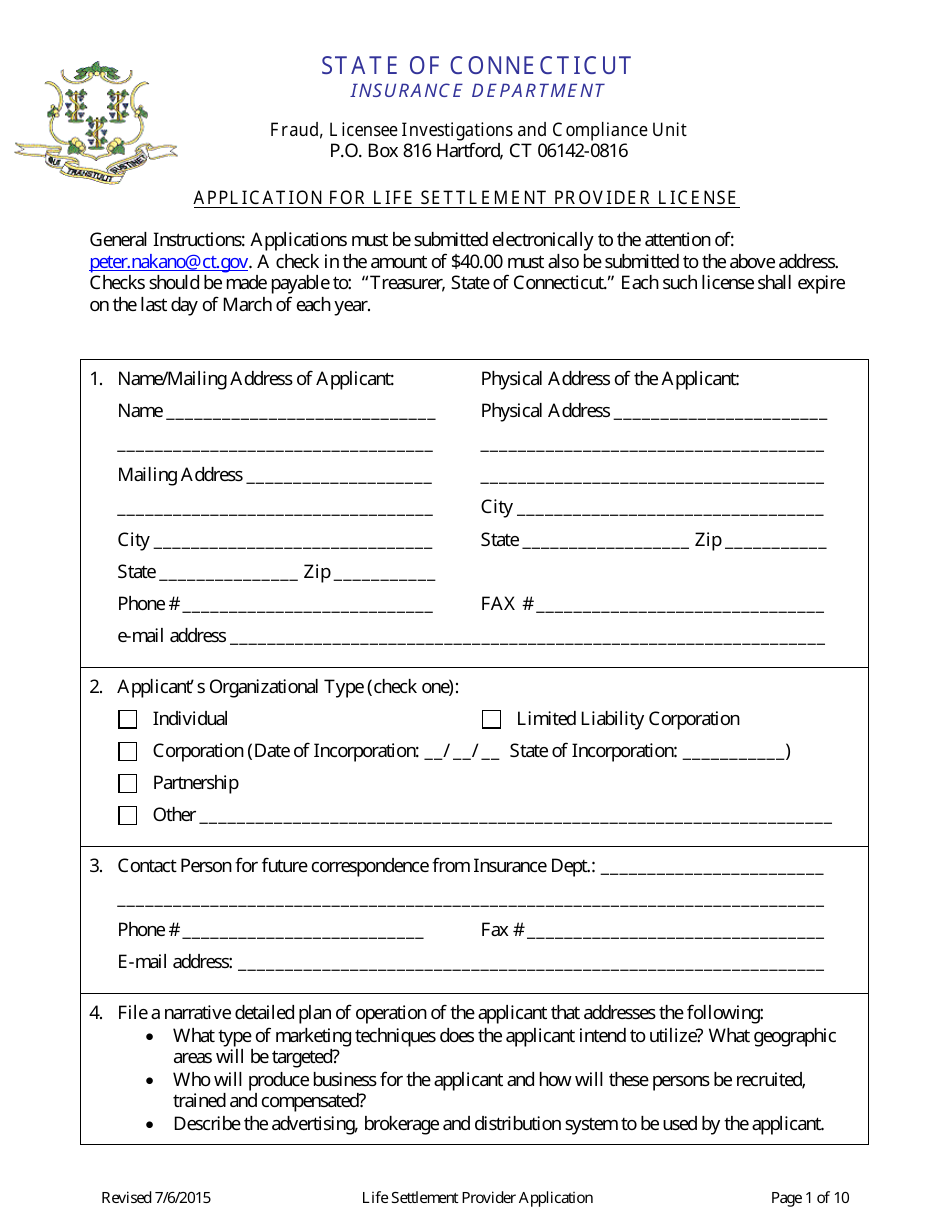 Application for Life Settlement Provider License - Connecticut, Page 1