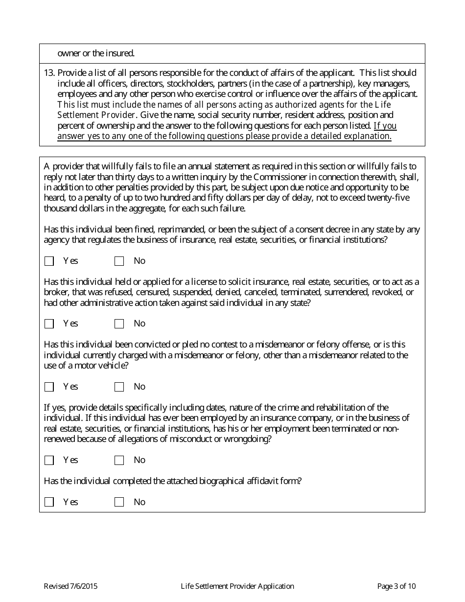 Application for Life Settlement Provider License - Connecticut, Page 3