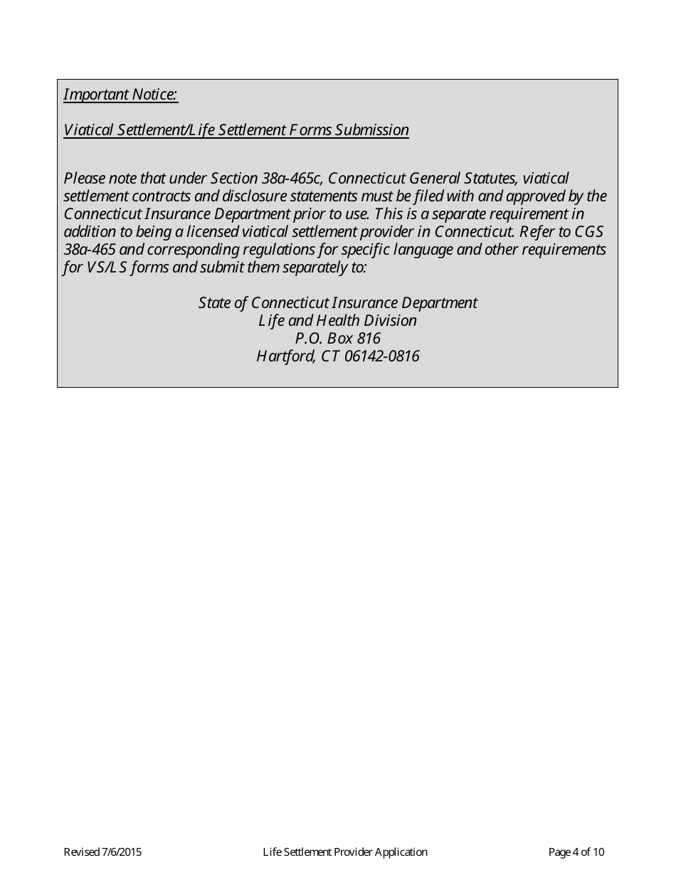 Application for Life Settlement Provider License - Connecticut, Page 4