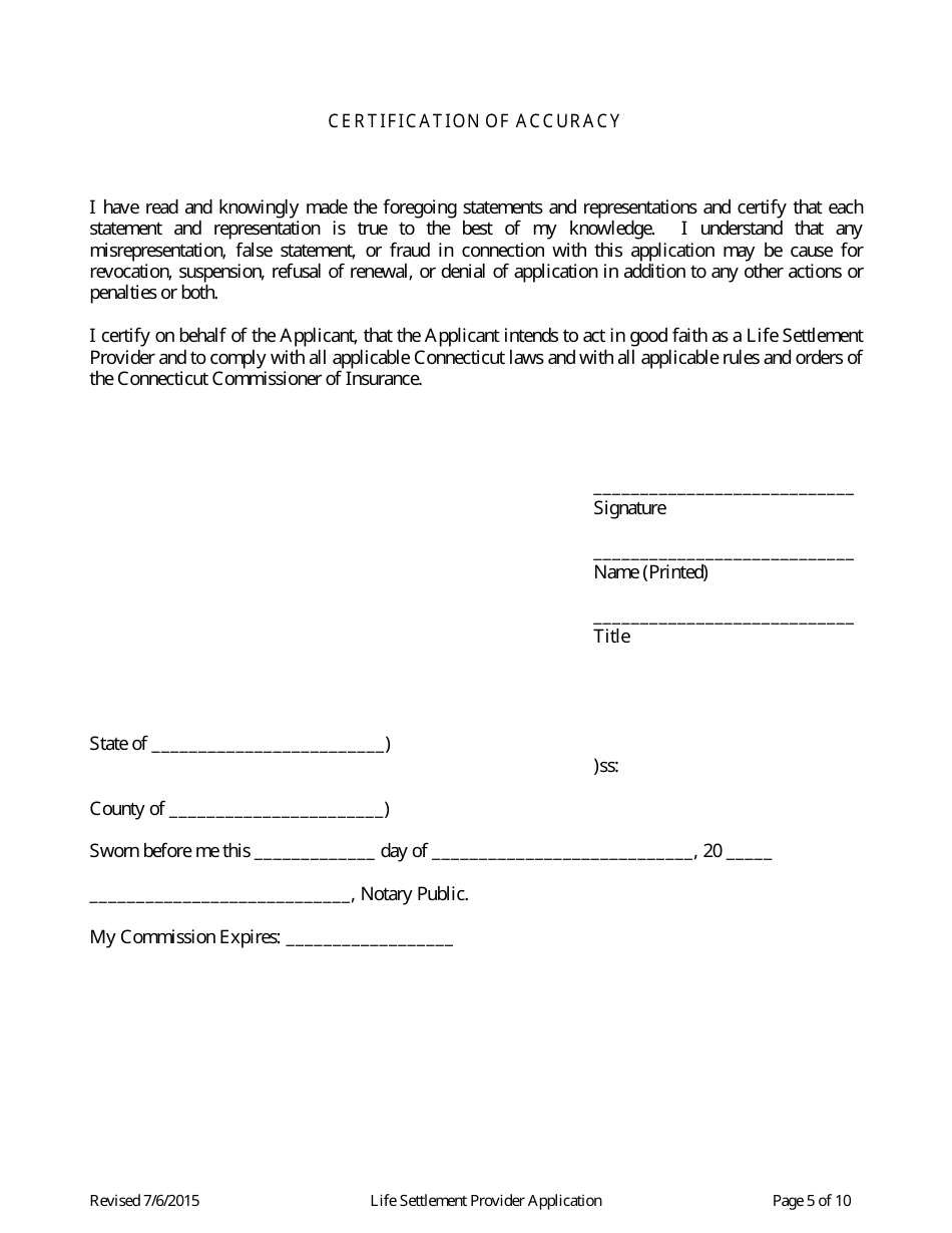 Application for Life Settlement Provider License - Connecticut, Page 5