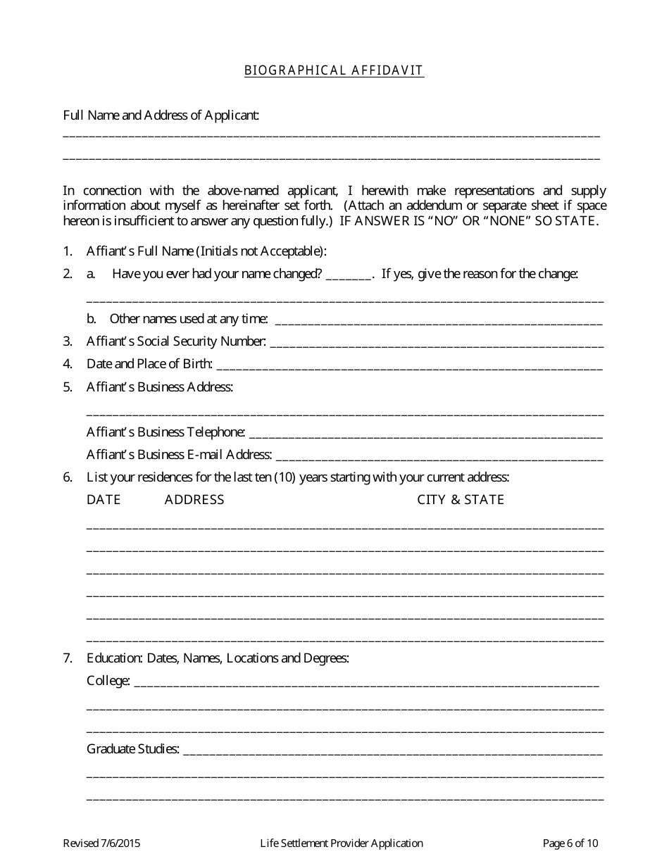 Application for Life Settlement Provider License - Connecticut, Page 6