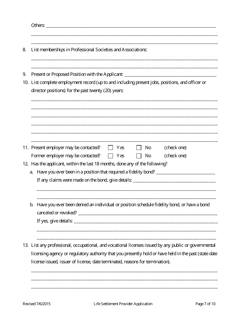 Application for Life Settlement Provider License - Connecticut, Page 7