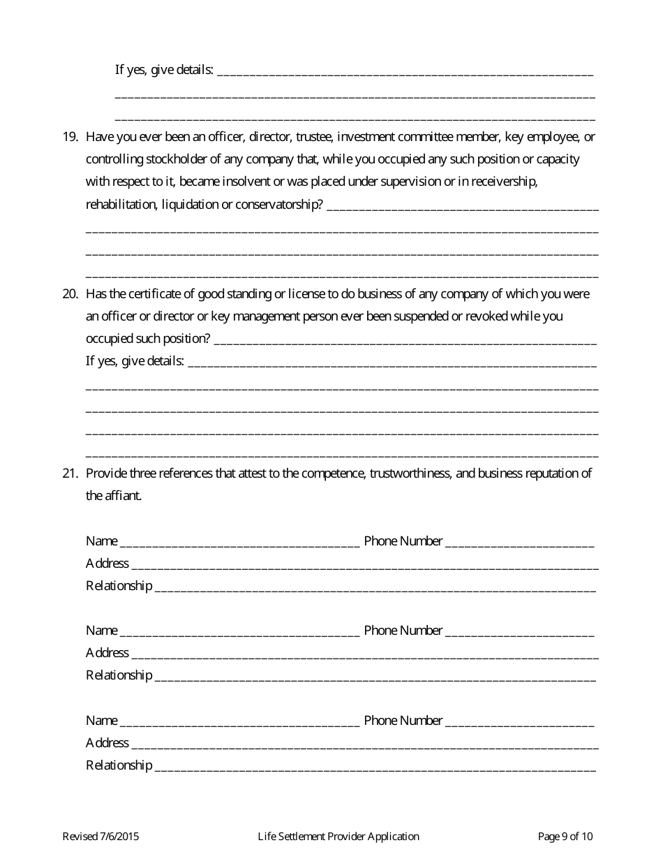 Application for Life Settlement Provider License - Connecticut, Page 9