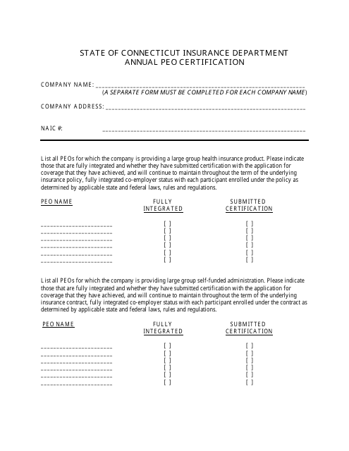 Annual Peo Certification Form - Connecticut Download Pdf
