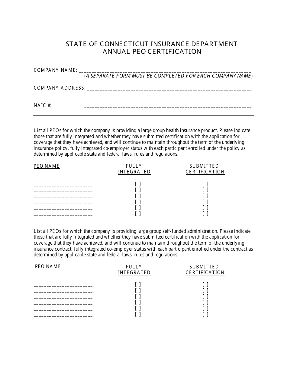Annual Peo Certification Form - Connecticut, Page 1