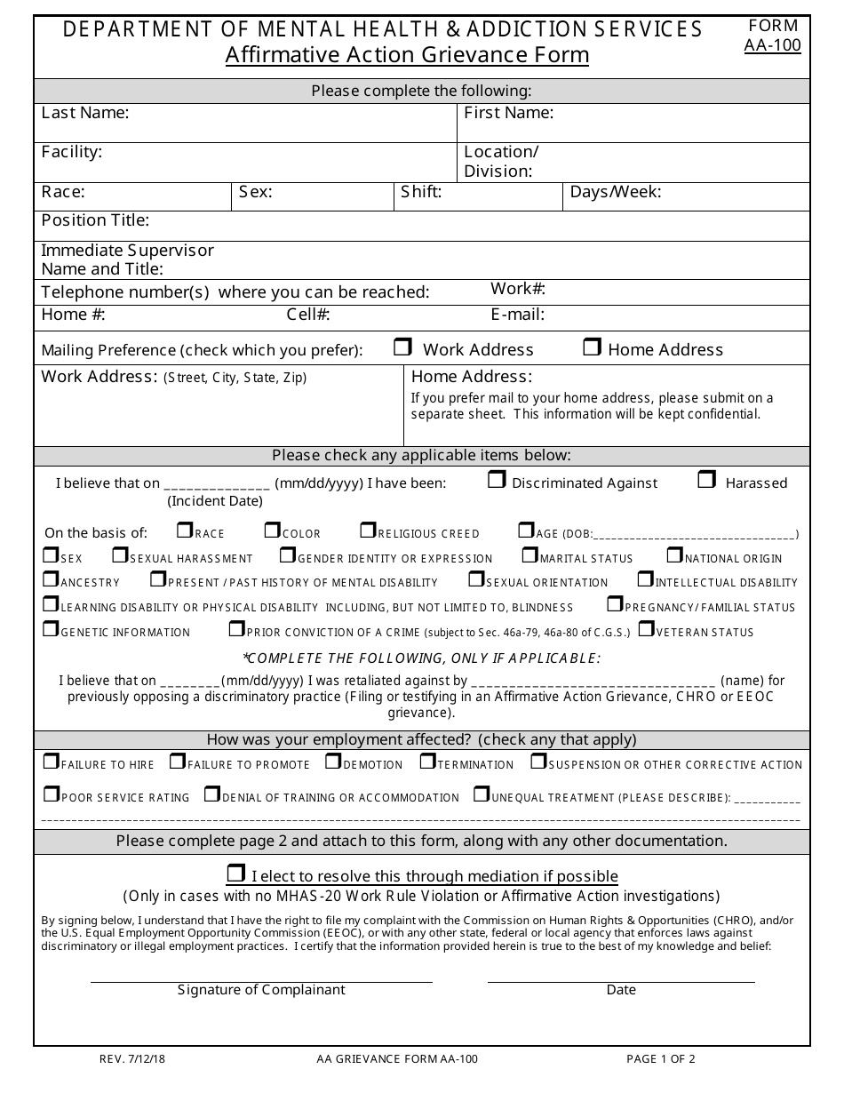 Form AA-100 Affirmative Action Grievance Form - Connecticut, Page 1