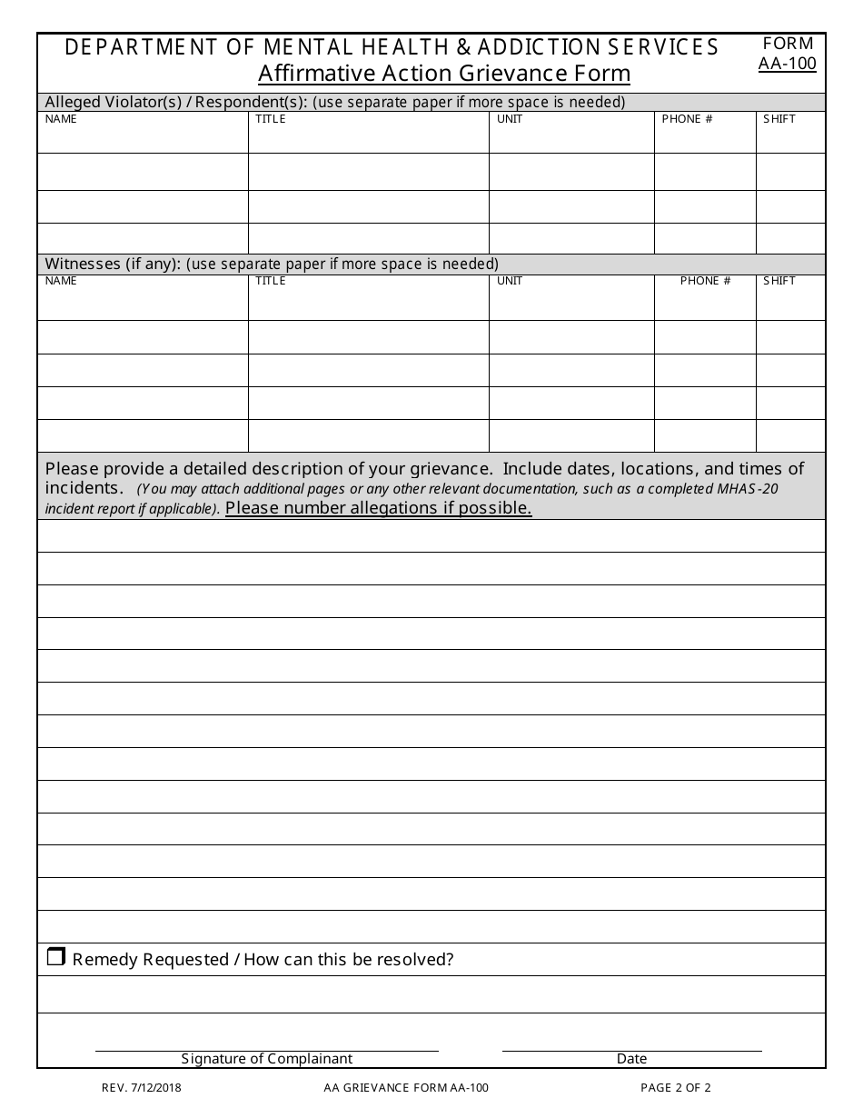 Form AA-100 Affirmative Action Grievance Form - Connecticut, Page 2