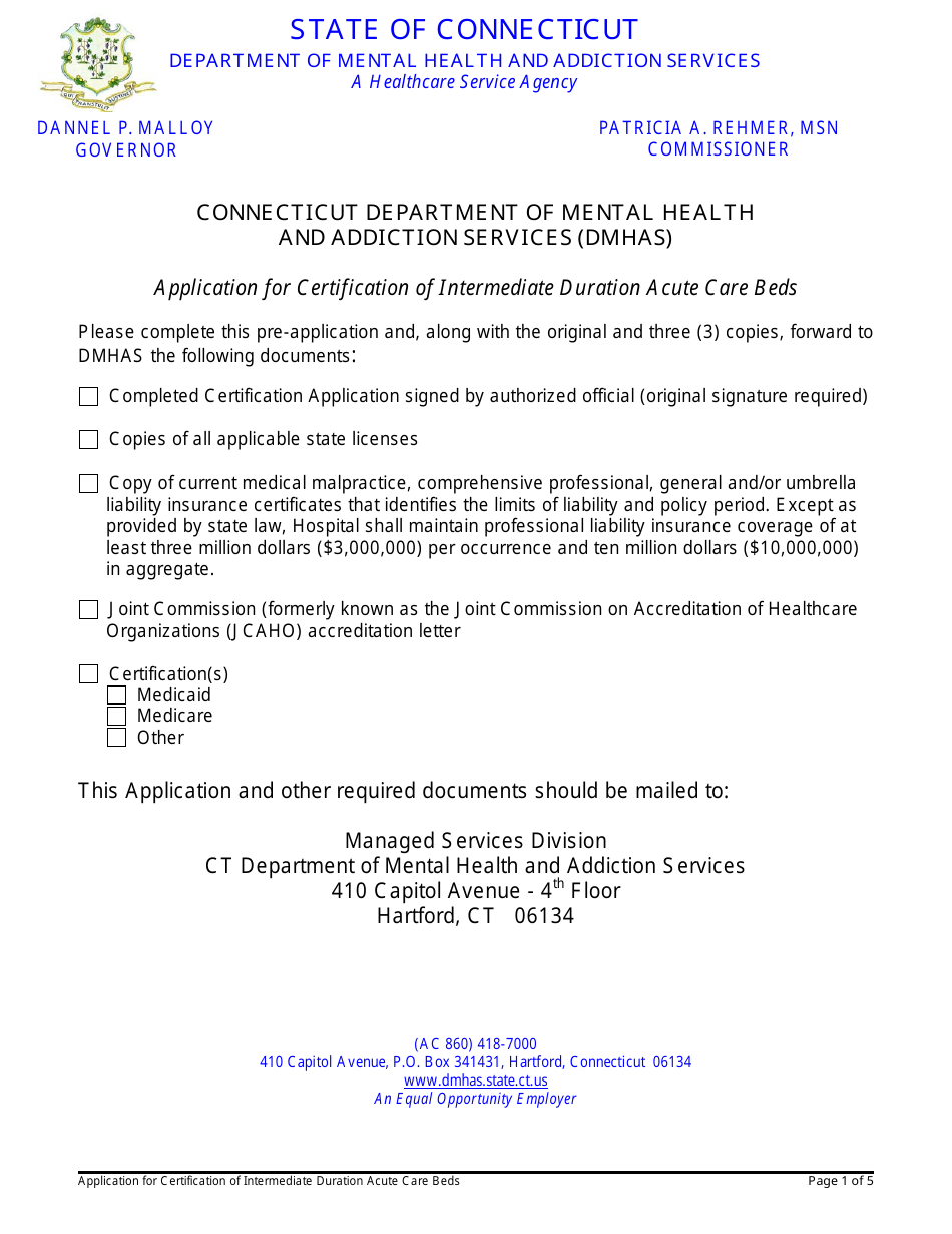 Application for Certification of Intermediate Duration Acute Care Beds - Connecticut, Page 1