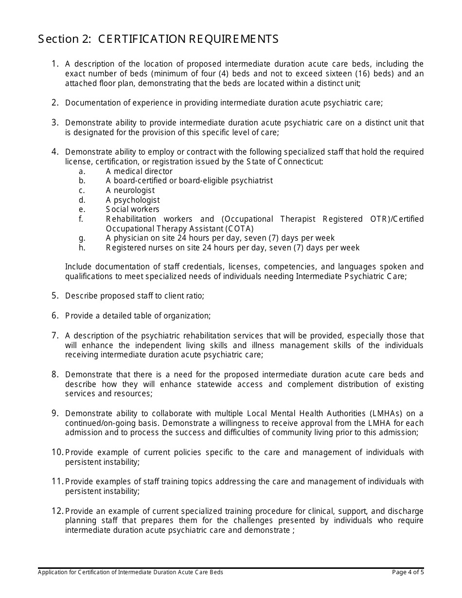Application for Certification of Intermediate Duration Acute Care Beds - Connecticut, Page 4