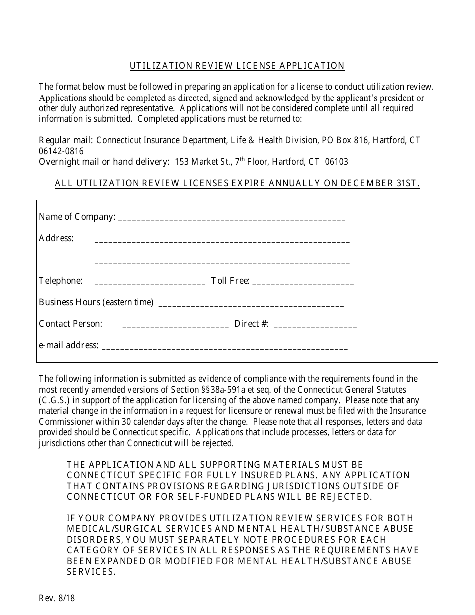 Utilization Review License Application Form - Connecticut, Page 1