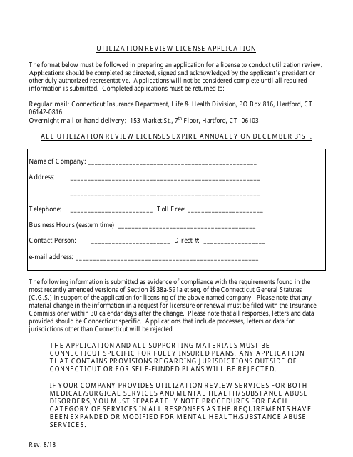 Utilization Review License Application Form - Connecticut