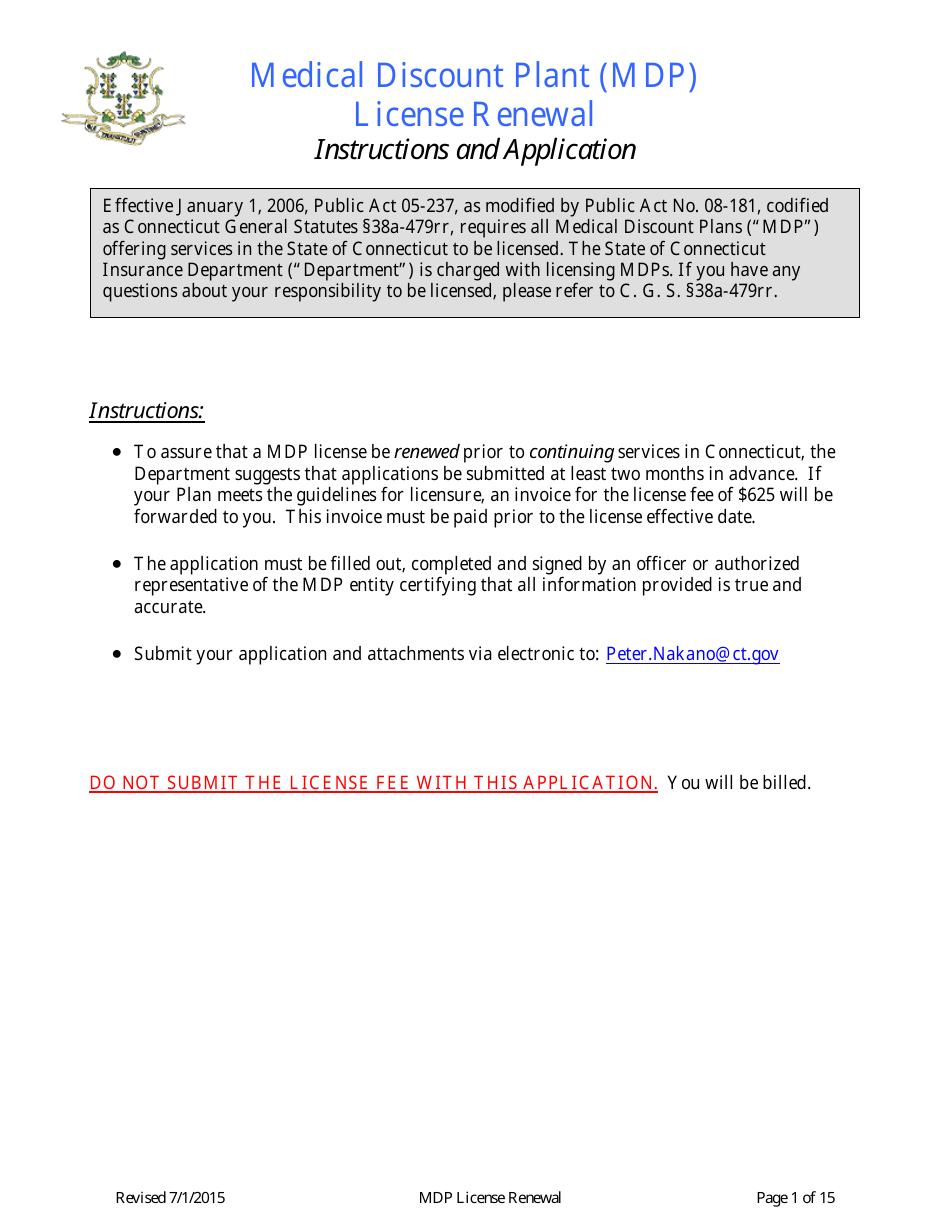 Medical Discount Plant (Mdp) License Renewal Form - Connecticut, Page 1