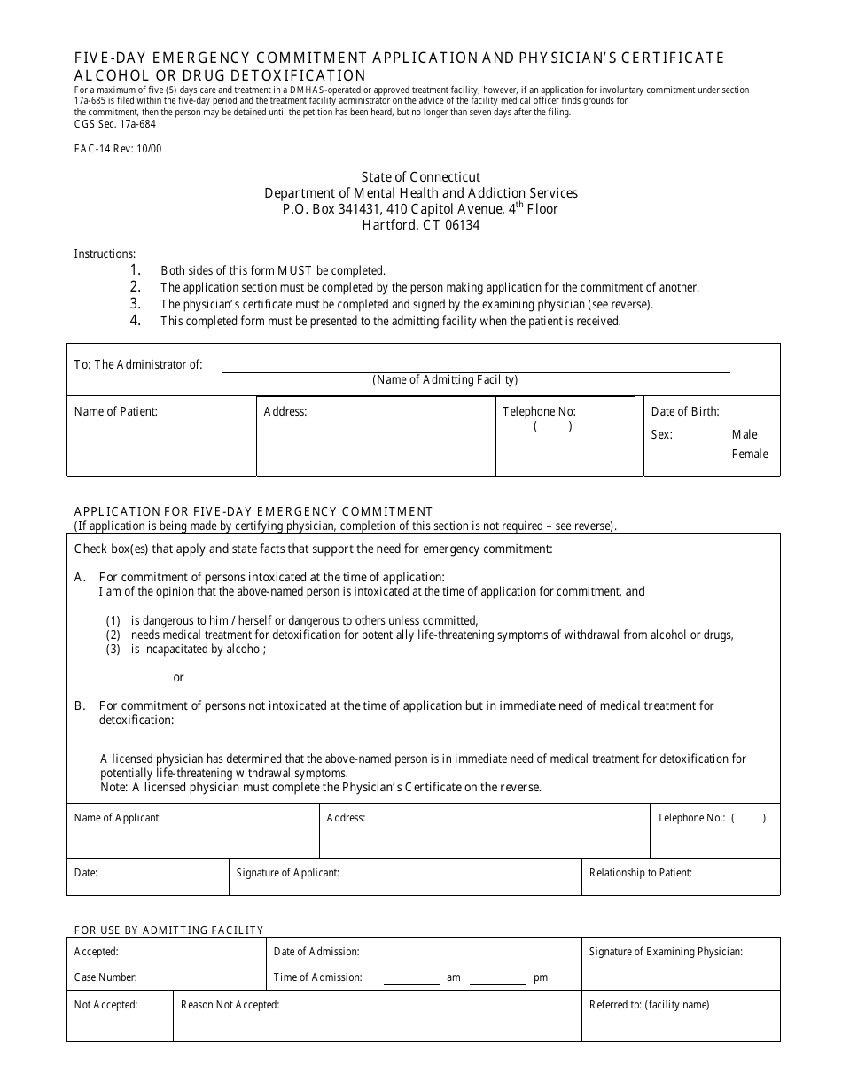 Form FAC-14 Five-Day Emergency Commitment Application and Physician's Certificate Alcohol or Drug Detoxification - Connecticut, Page 1