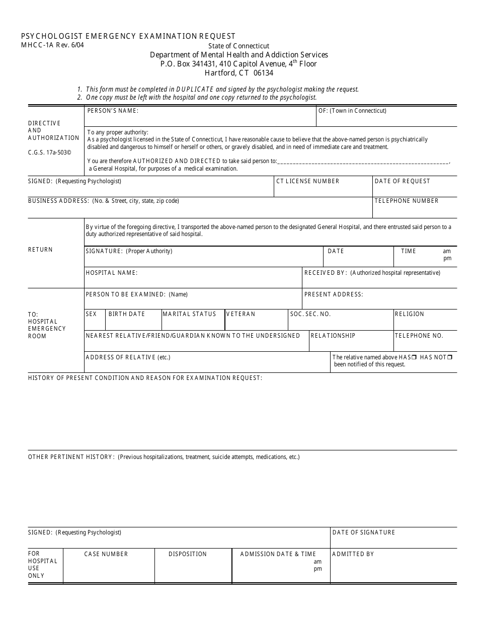 Form MHCC-1A Psychologist Emergency Examination Request - Connecticut, Page 1