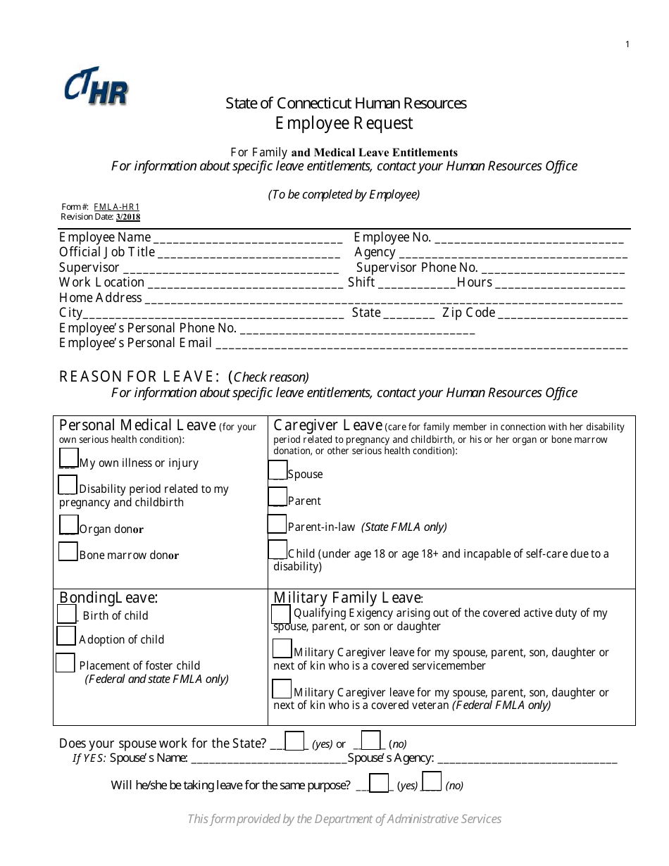 Form FMLA-HR1 Employee Request for Family and Medical Leave Entitlements - Connecticut, Page 1