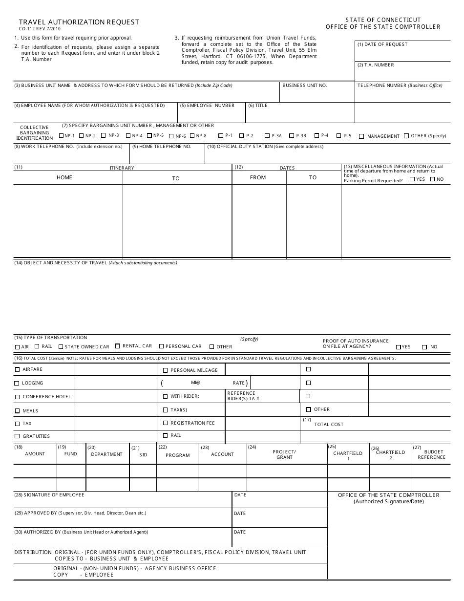 Form CO-112 Travel Authorization Request - Connecticut, Page 1