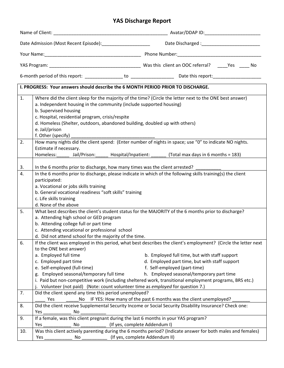Yas Discharge Report Form - Connecticut, Page 1