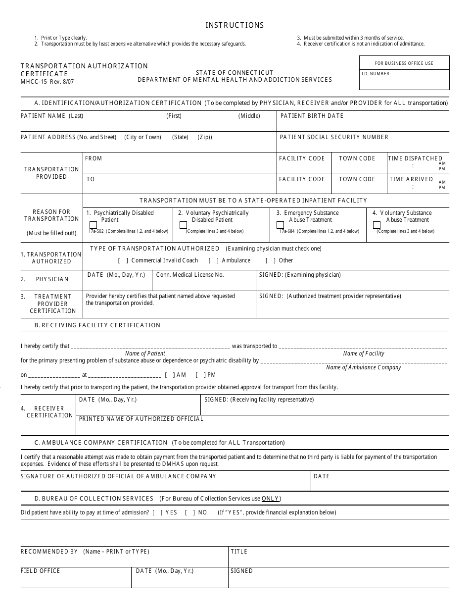 Form MHCC-15 Transportation Authorization Certificate - Connecticut, Page 1