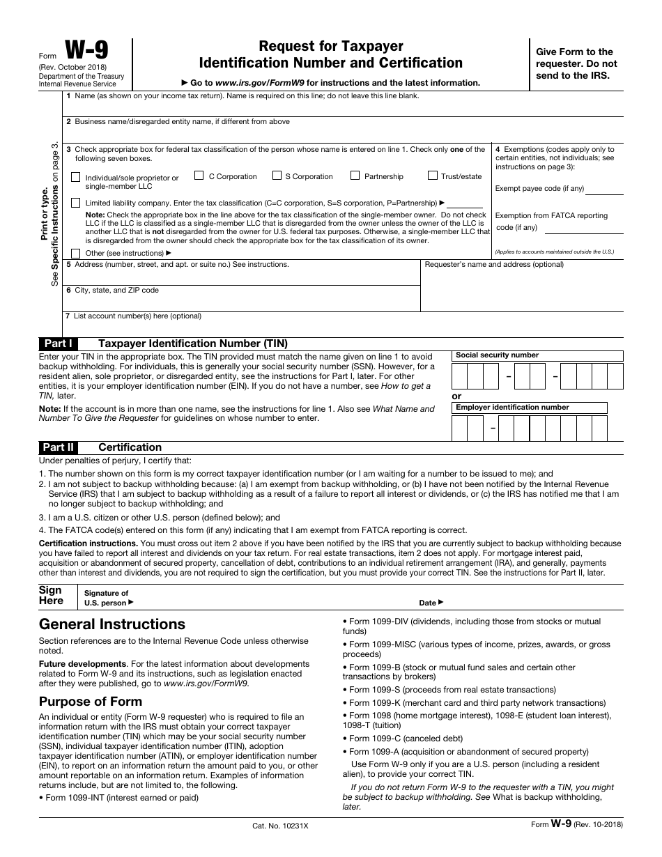IRS Form W-9 Request for Taxpayer Identification Number and Certification, Page 1