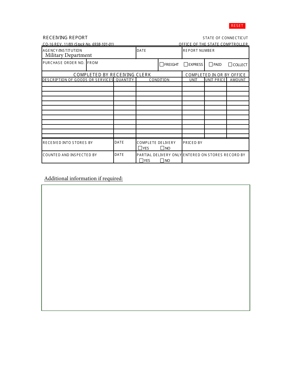 Form CO-16 Receiving Report - Connecticut, Page 1