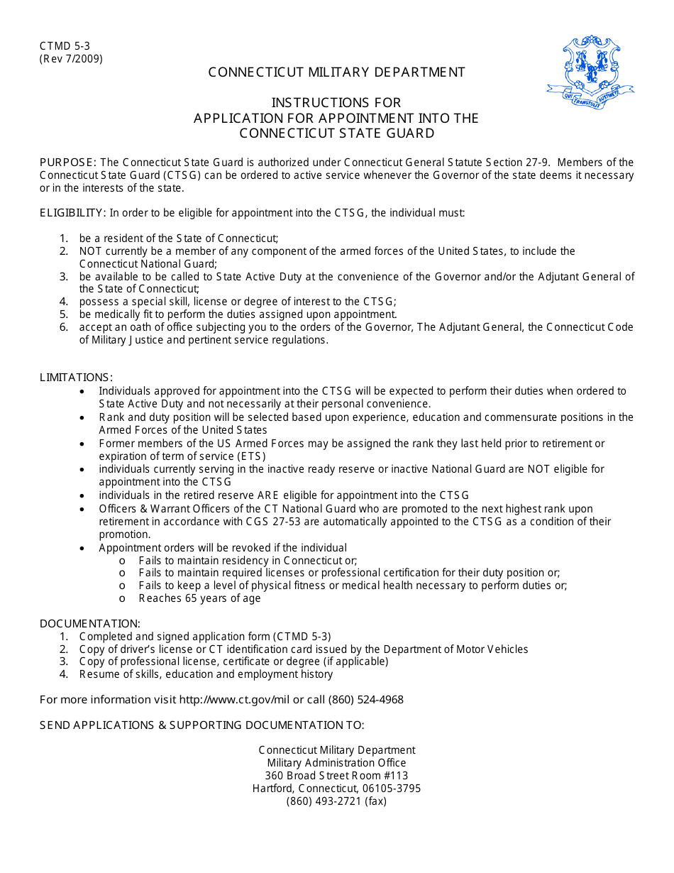 CTMD Form 5-3 Application for Appointment to the Connecticut State Guard Reserve - Connecticut, Page 1