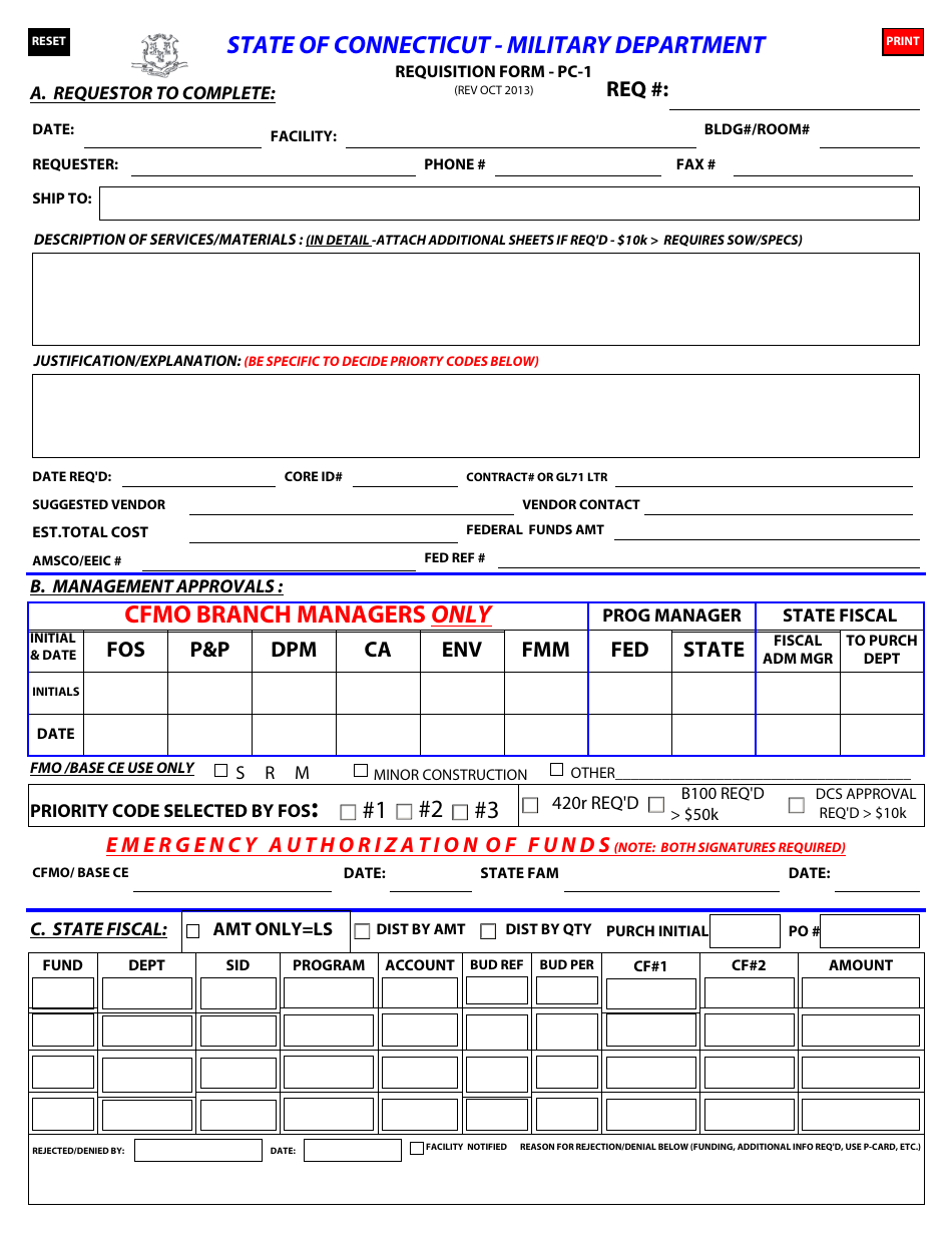 Form PC-1 Requisition Form - Connecticut, Page 1
