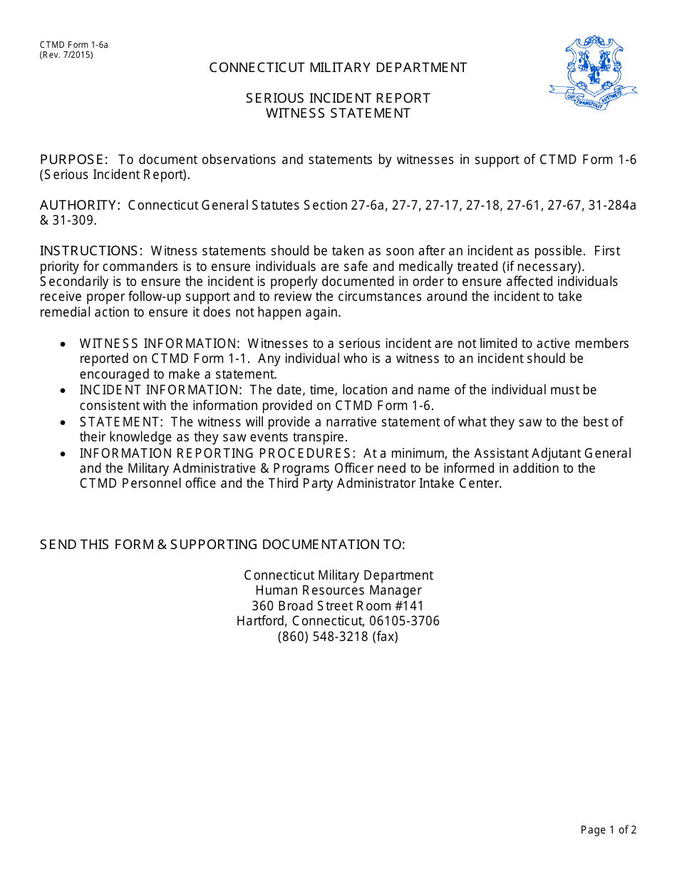 CTMD Form 1-6A Serious Incident Report Witness Statement - Connecticut, Page 1